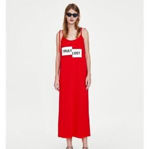 ZARA Red Spaghetti Strap Maxi Slip‎ Dress Size S TRULY LOST Graphic Streetwear